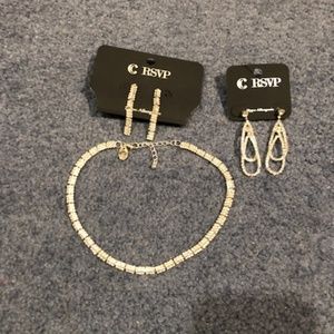 Rhinestone necklace and two sets of earrings